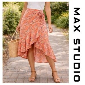 Max Studio Coral Floral Asymmetrical Wrap Ruffle Boho Midi Skirt XL